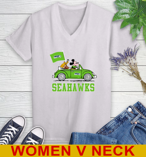 NFL Football Seattle Seahawks Pluto Mickey Driving Disney Shirt Women's V-Neck T-Shirt