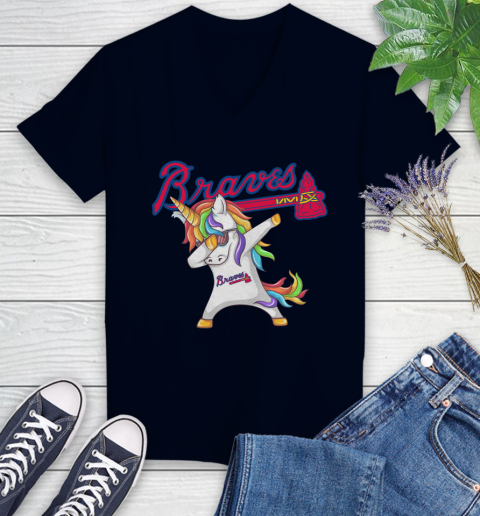 Atlanta Braves MLB Baseball Funny Unicorn Dabbing Sports Women's V-Neck T-Shirt 3