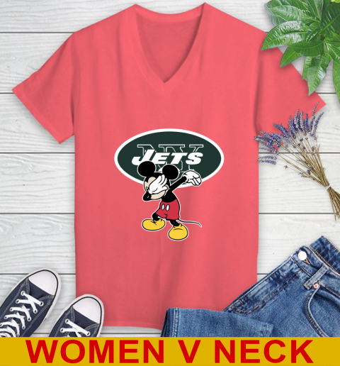 New York Jets NFL Football Dabbing Mickey Disney Sports Women's V-Neck T-Shirt 7