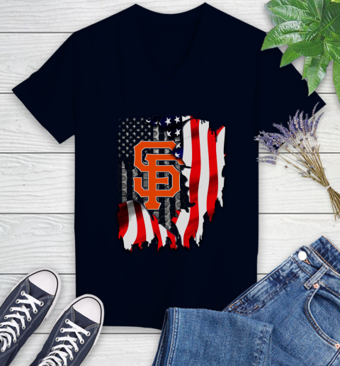 San Francisco Giants MLB Baseball American Flag Women's V-Neck T-Shirt 2