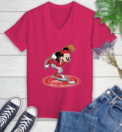 NHL Hockey Detroit Red Wings Cheerful Mickey Disney Shirt Women's V-Neck T-Shirt - Image 9