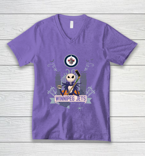 NHL Winnipeg Jets Hockey Jack Skellington Halloween V-Neck T-Shirt 8