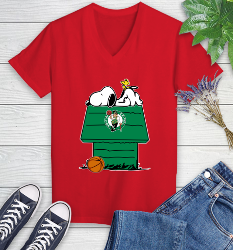 Boston Celtics NBA Basketball Snoopy Woodstock The Peanuts Movie Women's V-Neck T-Shirt 12