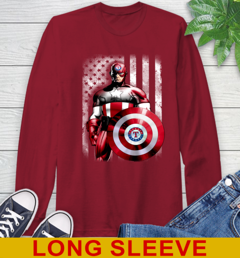 Texas Rangers MLB Baseball Captain America Marvel Avengers American Flag Shirt Long Sleeve T Shirt