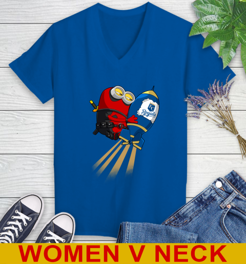 MLB Baseball Kansas City Royals Deadpool Minion Marvel Shirt Women's V-Neck T-Shirt 9