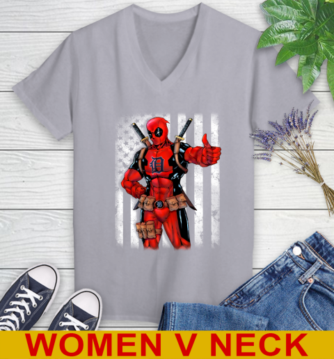 MLB Baseball Detroit Tigers Deadpool American Flag Shirt Women's V-Neck T-Shirt 4