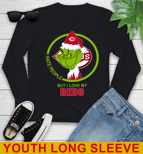 Cincinnati Reds MLB Christmas Grinch I Hate People But I Love My Favorite Baseball Team Youth Long Sleeve 2