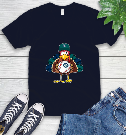 Seattle Mariners Turkey thanksgiving V-Neck T-Shirt 3