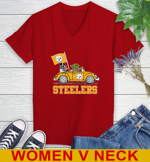 NFL Football Pittsburgh Steelers Darth Vader Baby Yoda Driving Star Wars Shirt Women's V-Neck T-Shirt 12