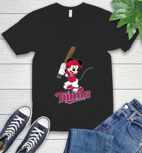 MLB Baseball Minnesota Twins Cheerful Mickey Mouse Shirt V-Neck T-Shirt