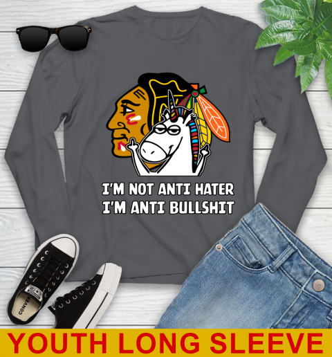 Chicago Blackhawks NHL Hockey Unicorn I'm Not Anti Hater I'm Anti Bullshit Youth Long Sleeve 9