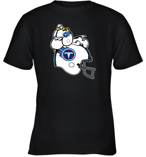 Snoopy And Woodstock Resting On Tennessee Titans Helmet xb2x snoopy and woodstock resting on tennessee titans helmet youth t shirt 26 front black