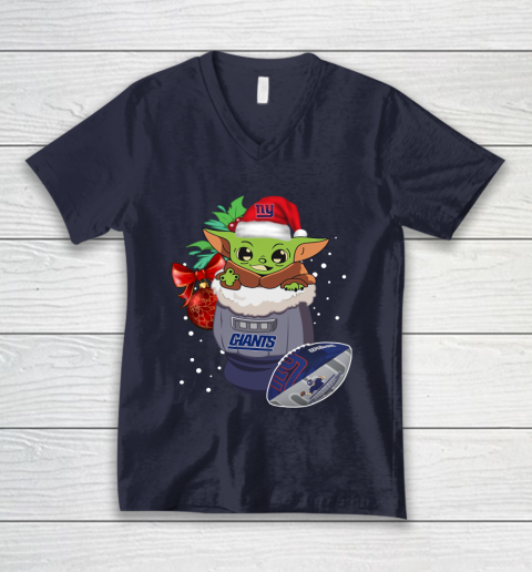 New York Giants Christmas Baby Yoda Star Wars Funny Happy NFL V-Neck T-Shirt 3
