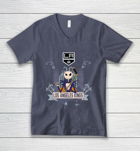 NHL Los Angeles Kings Hockey Jack Skellington Halloween V-Neck T-Shirt 7
