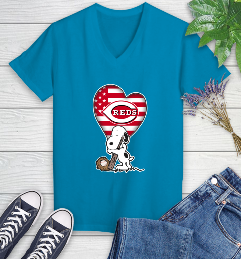 Cincinnati Reds MLB Baseball The Peanuts Movie Adorable Snoopy Women's V-Neck T-Shirt 7