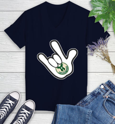Milwaukee Bucks NBA Basketball Mickey Rock Hand Disney Women's V-Neck T-Shirt 3