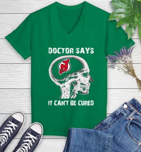 NHL New Jersey Devils Hockey Skull It Can't Be Cured Shirt Women's V-Neck T-Shirt 4