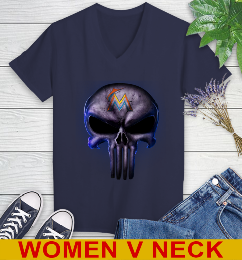 Miami Marlins MLB Baseball Punisher Skull Sports Women's V-Neck T-Shirt 12