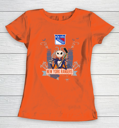 NHL New York Rangers Hockey Jack Skellington Halloween Women's T-Shirt 3
