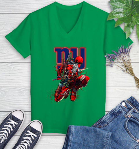 NFL Deadpool Marvel Comics Sports Football New York Giants Women's V-Neck T-Shirt 5