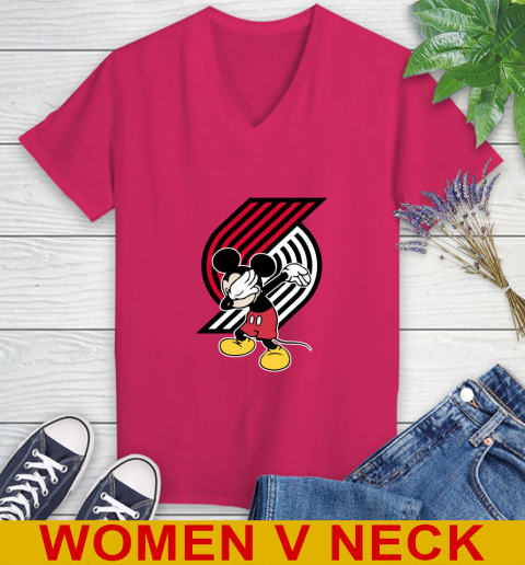 Portland Trail Blazers NBA Basketball Dabbing Mickey Disney Sports Women's V-Neck T-Shirt 10