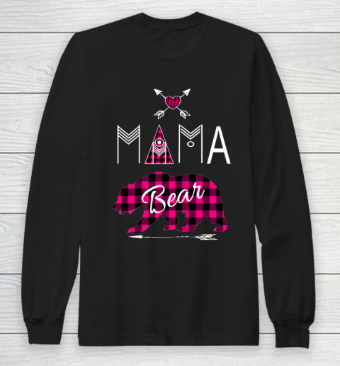 Mama Bear Shirt Buffalo Plaid Pink Family Christmas Camping Long Sleeve T-Shirt