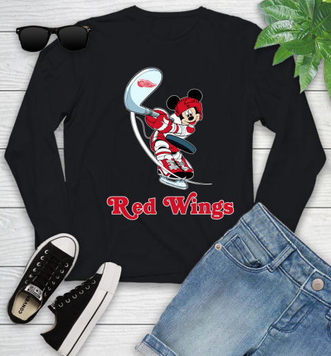 NHL Hockey Detroit Red Wings Cheerful Mickey Mouse Shirt Youth Long Sleeve