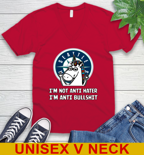 Seattle Mariners MLB Baseball Unicorn I'm Not Anti Hater I'm Anti Bullshit V-Neck T-Shirt 7