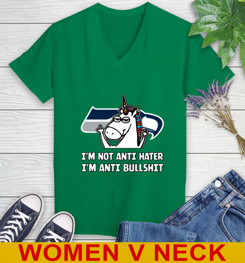 Seattle Seahawks NFL Football Unicorn I'm Not Anti Hater I'm Anti Bullshit Women's V-Neck T-Shirt 6