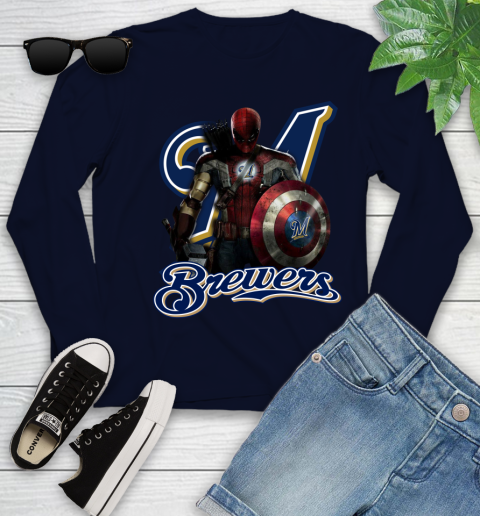 MLB Captain America Thor Spider Man Hawkeye Avengers Endgame Baseball Milwaukee Brewers Youth Long Sleeve 3