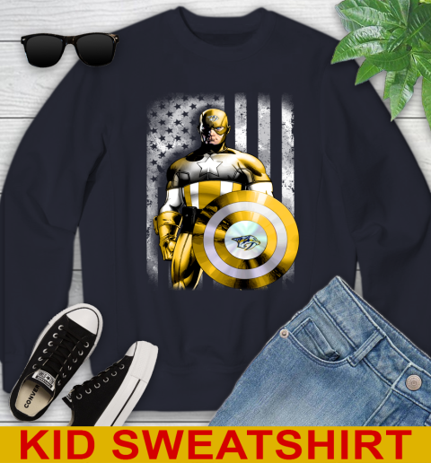 Nashville Predators NHL Hockey Captain America Marvel Avengers American Flag Shirt Youth Sweatshirt - Image 3