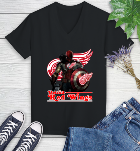 NHL Captain America Thor Spider Man Hawkeye Avengers Endgame Hockey Detroit Red Wings Women's V-Neck T-Shirt 2