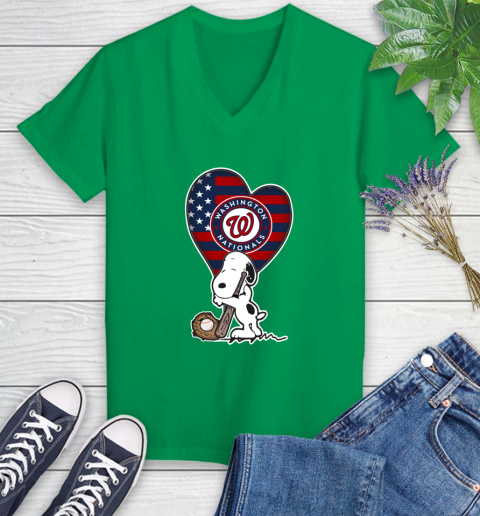Washington Nationals MLB Baseball The Peanuts Movie Adorable Snoopy Women's V-Neck T-Shirt 5