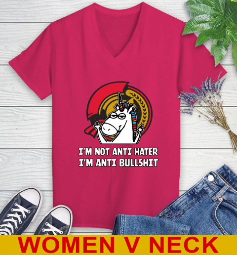 Ottawa Senators NHL Hockey Unicorn I'm Not Anti Hater I'm Anti Bullshit Women's V-Neck T-Shirt 10