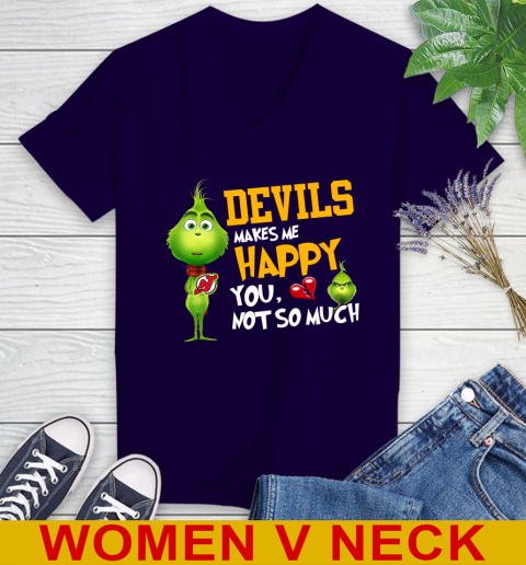 NHL New Jersey Devils Makes Me Happy You Not So Much Grinch Hockey Sports  Women's V-Neck T-Shirt