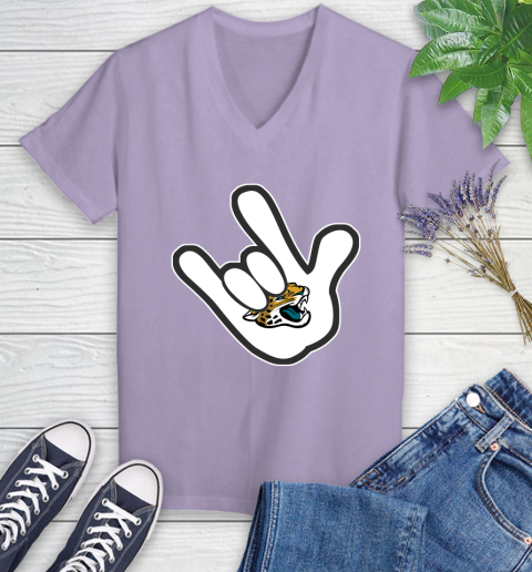 Jacksonville Jaguars NFL Football Mickey Rock Hand Disney Women's V-Neck T-Shirt 14