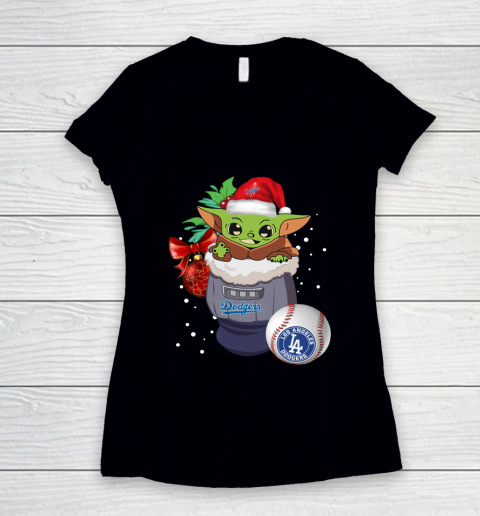 Los Angeles Dodgers Christmas Baby Yoda Star Wars Funny Happy MLB Women's V-Neck T-Shirt
