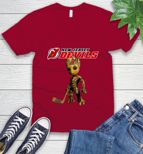 New Jersey Devils NHL Hockey Groot Marvel Guardians Of The Galaxy V-Neck T-Shirt 8