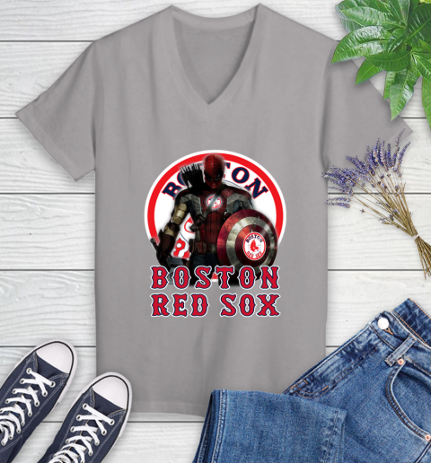 MLB Captain America Thor Spider Man Hawkeye Avengers Endgame Baseball Boston Red Sox Women's V-Neck T-Shirt 4
