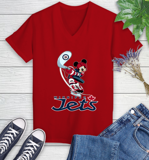 NHL Hockey Winnipeg Jets Cheerful Mickey Mouse Shirt Women's V-Neck T-Shirt 10