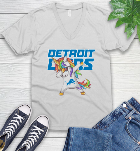 Detroit Lions NFL Football Funny Unicorn Dabbing Sports V-Neck T-Shirt