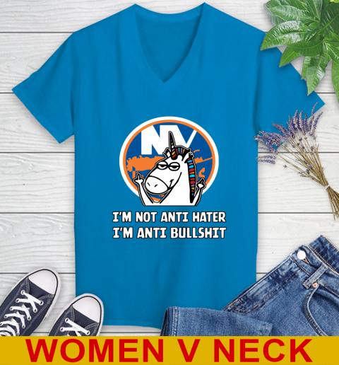New York Islanders NHL Hockey Unicorn I'm Not Anti Hater I'm Anti Bullshit Women's V-Neck T-Shirt 8
