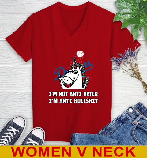 Los Angeles Dodgers MLB Baseball Unicorn I'm Not Anti Hater I'm Anti Bullshit Women's V-Neck T-Shirt 12