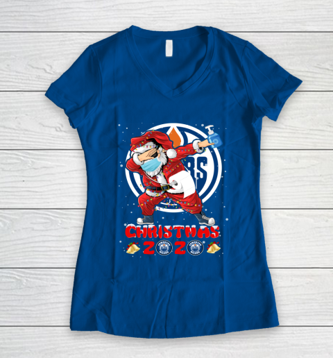 Edmonton Oilers Funny Santa Claus Dabbing Christmas 2020 NHL Women's V-Neck T-Shirt 7