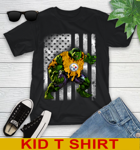 Pittsburgh Steelers Hulk Marvel Avengers NFL Football American Flag Youth T-Shirt