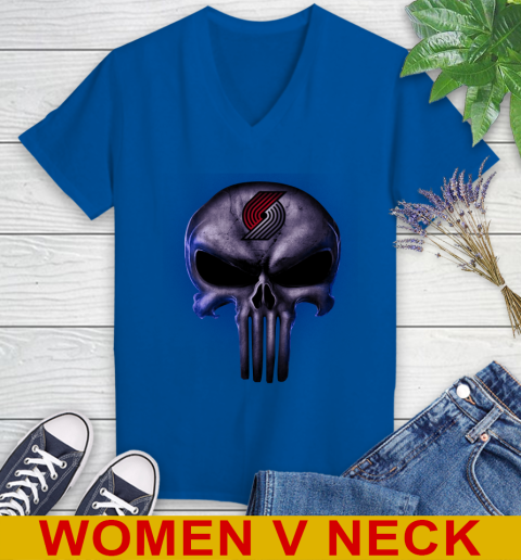 Portland Trail Blazers NBA Basketball Punisher Skull Sports Women's V-Neck T-Shirt 9