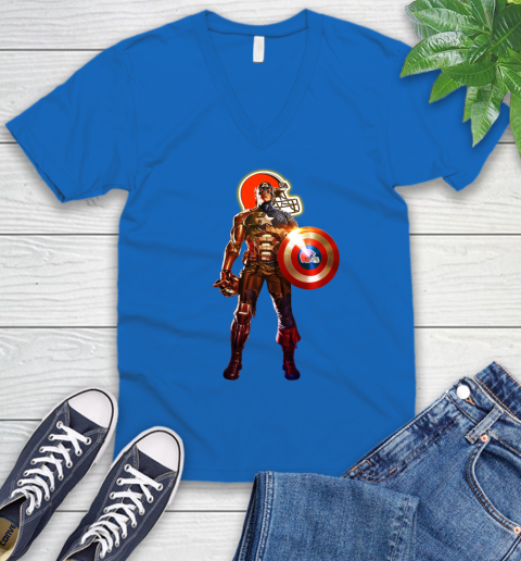 NFL Captain America Marvel Avengers Endgame Football Sports Cleveland Browns V-Neck T-Shirt 6