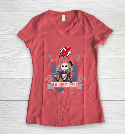 NHL New Jersey Devils Hockey Jack Skellington Halloween Women's V-Neck T-Shirt 4