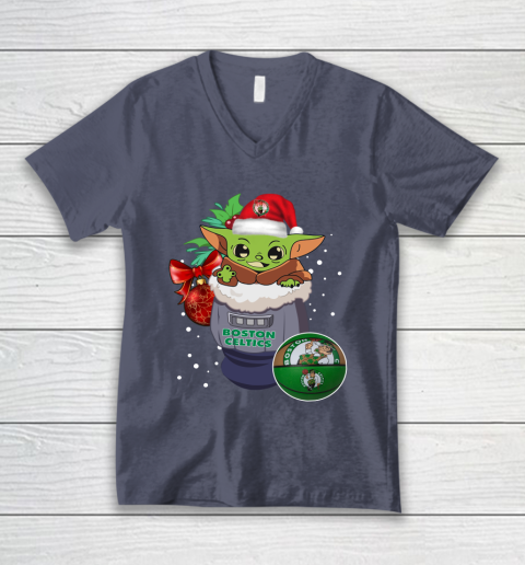 Boston Celtics Christmas Baby Yoda Star Wars Funny Happy NBA V-Neck T-Shirt 8