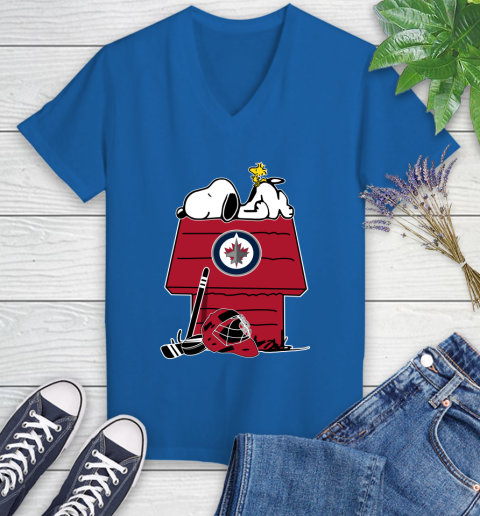Winnipeg Jets NHL Hockey Snoopy Woodstock The Peanuts Movie Women's V-Neck T-Shirt 10